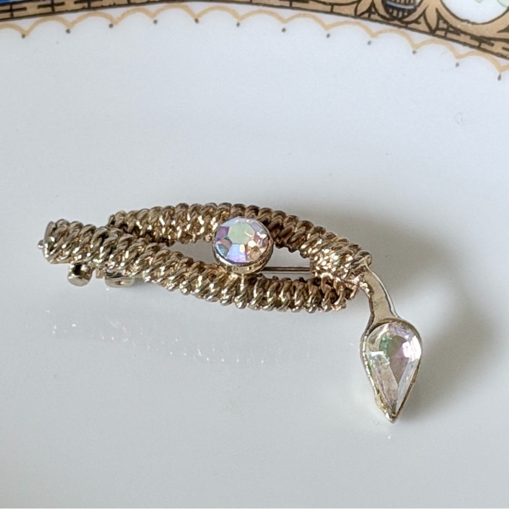 Vintage Snake Brooch Gold Tone AB Rhinestones Serpent Fashion Pin